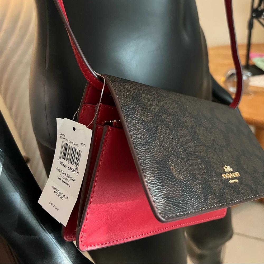 COACH NWT Anna Red & Brown Signature Crossbody With Red Strap